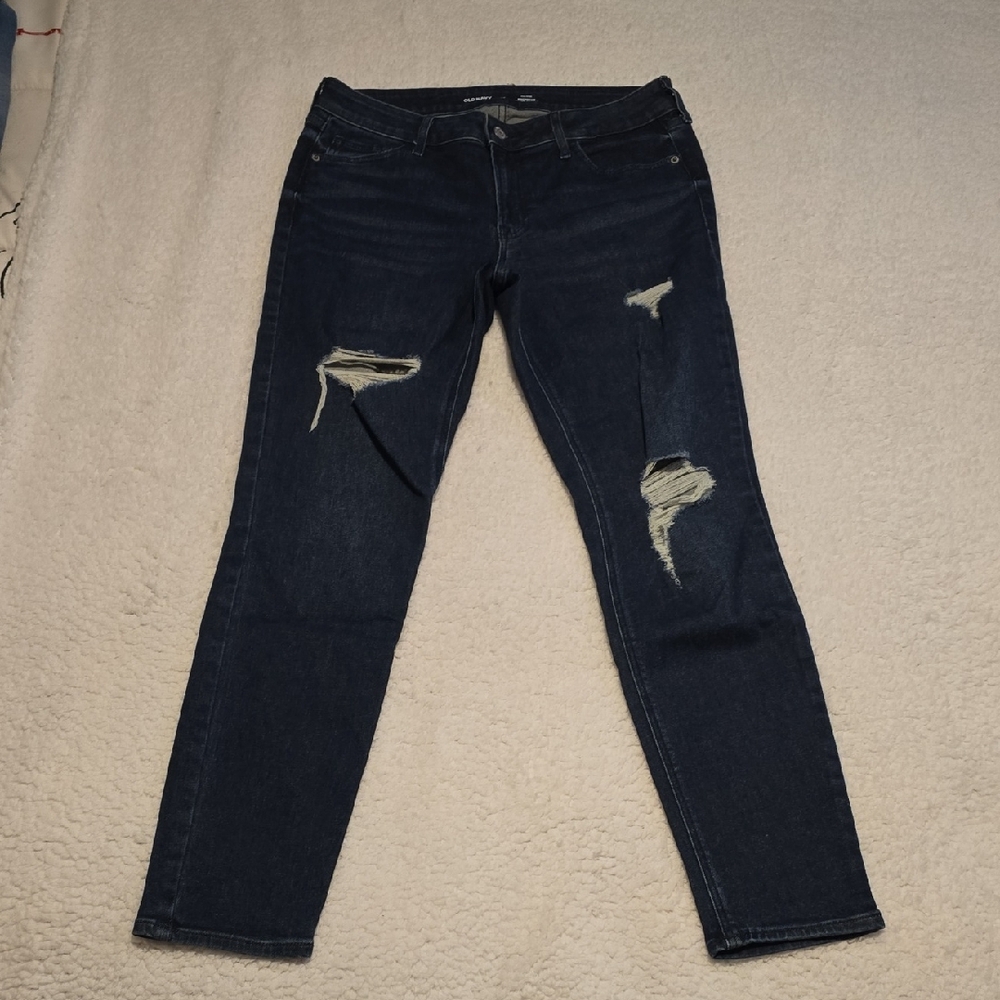 Old Navy Women's Dark Blue Distressed Skinny Jeans